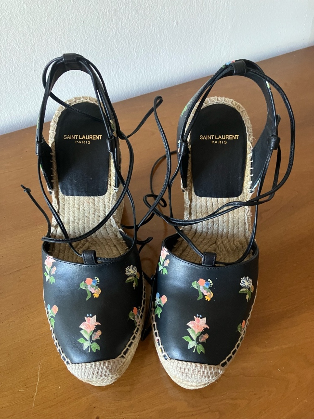 Saint Laurent YSL Grunge Flower Print Black Leather Espadrille Wedge EU 39/US 9